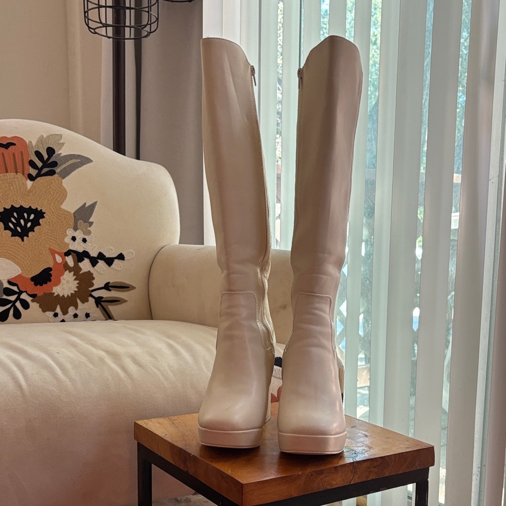 MIA Knee High Boots Cream Platform Block Heel Stretch Back Panel- worn once
